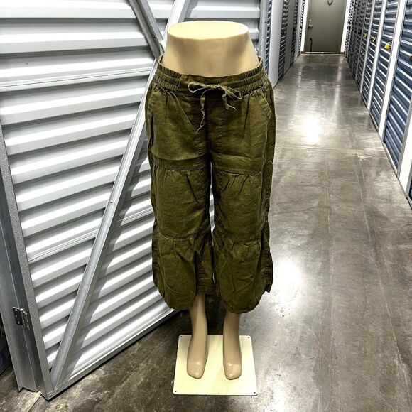 Wide Leg Cropped Linen Pants Green Tiered Drawstring Boho Beach Vacation - Picture 2 of 11